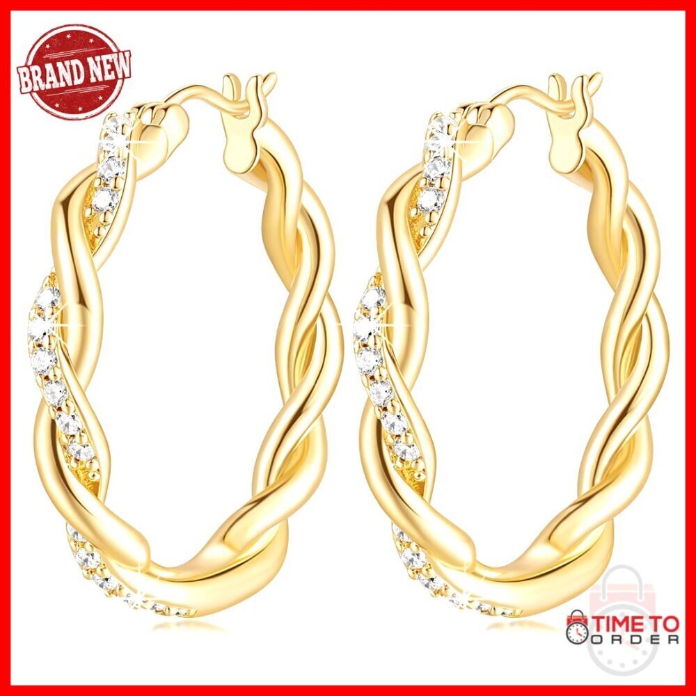 14K Gold Twisted Hoop Earrings with Cubic Zirconia, 29mm